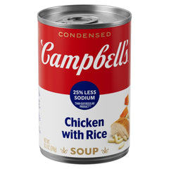 Campbell’s 25% less sodium Chicken and Rice soup can on pantry shelf, quick comfort.