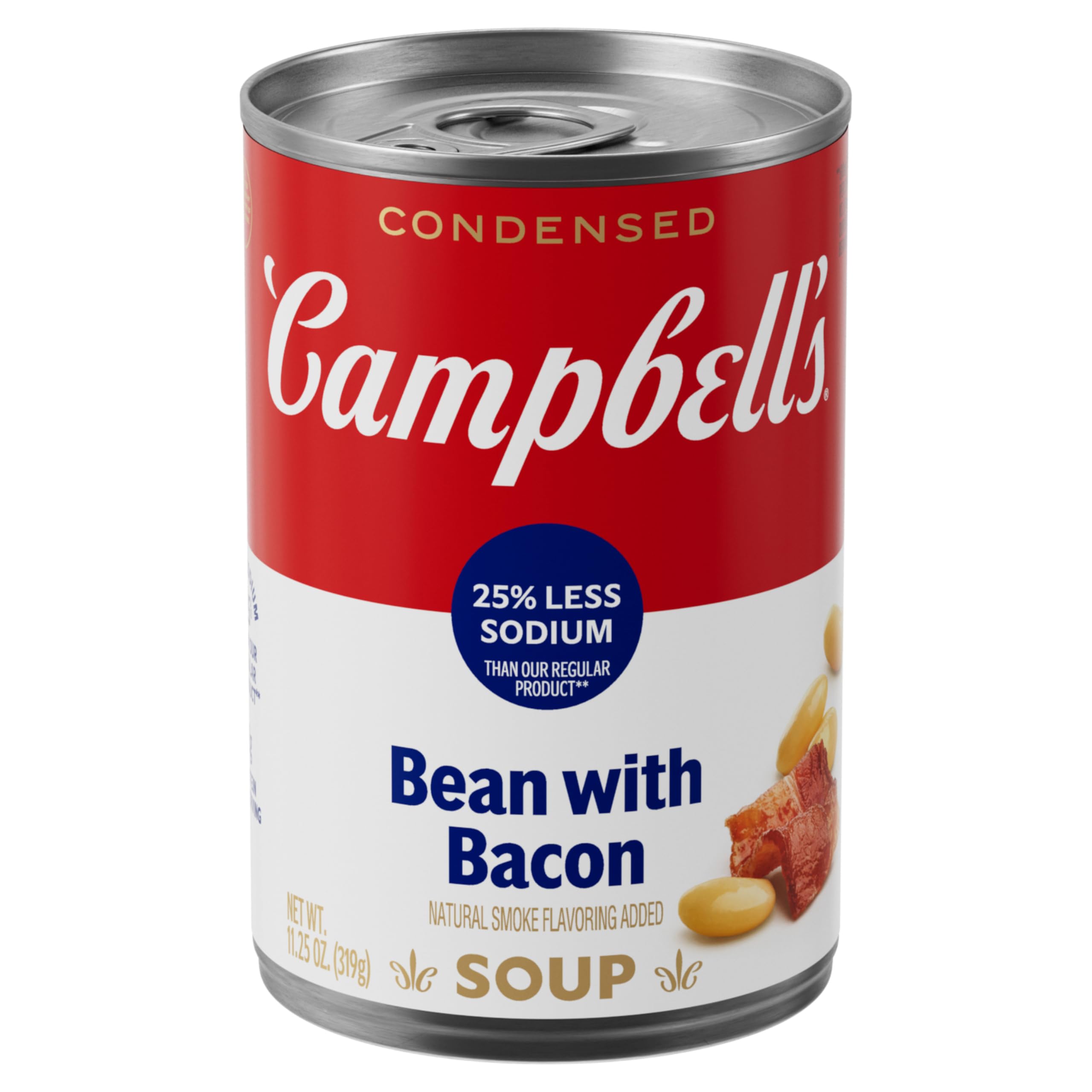 Campbell's Bean With Bacon Soup can indicating 25% less sodium option