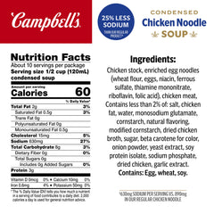 Campbell's Condensed 25% Less Sodium Chicken Noodle Soup can back view, lower-sodium flavor without sacrificing taste.