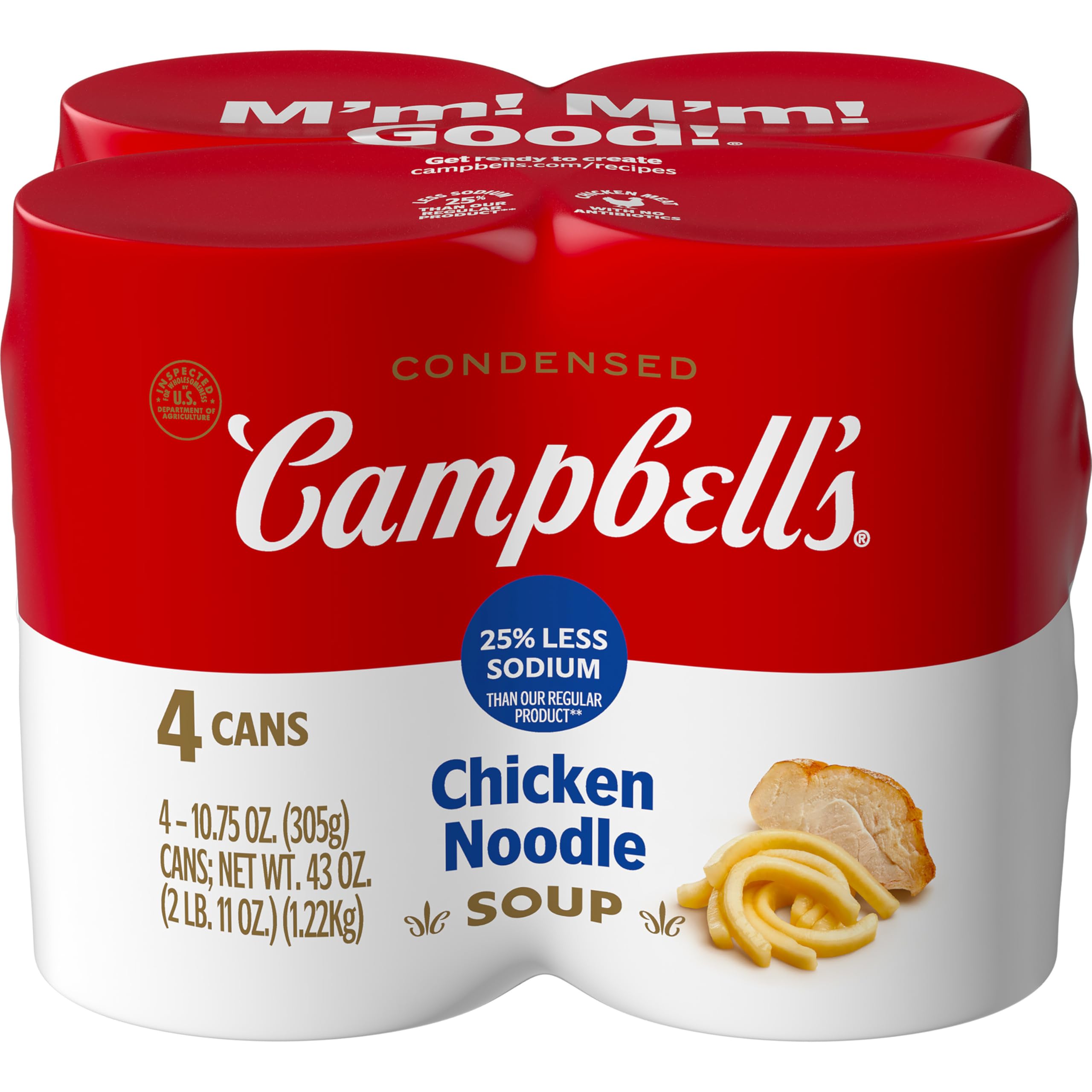 Campbell's Condensed 25% Less Sodium Chicken Noodle Soup can front view, quick comfort option.