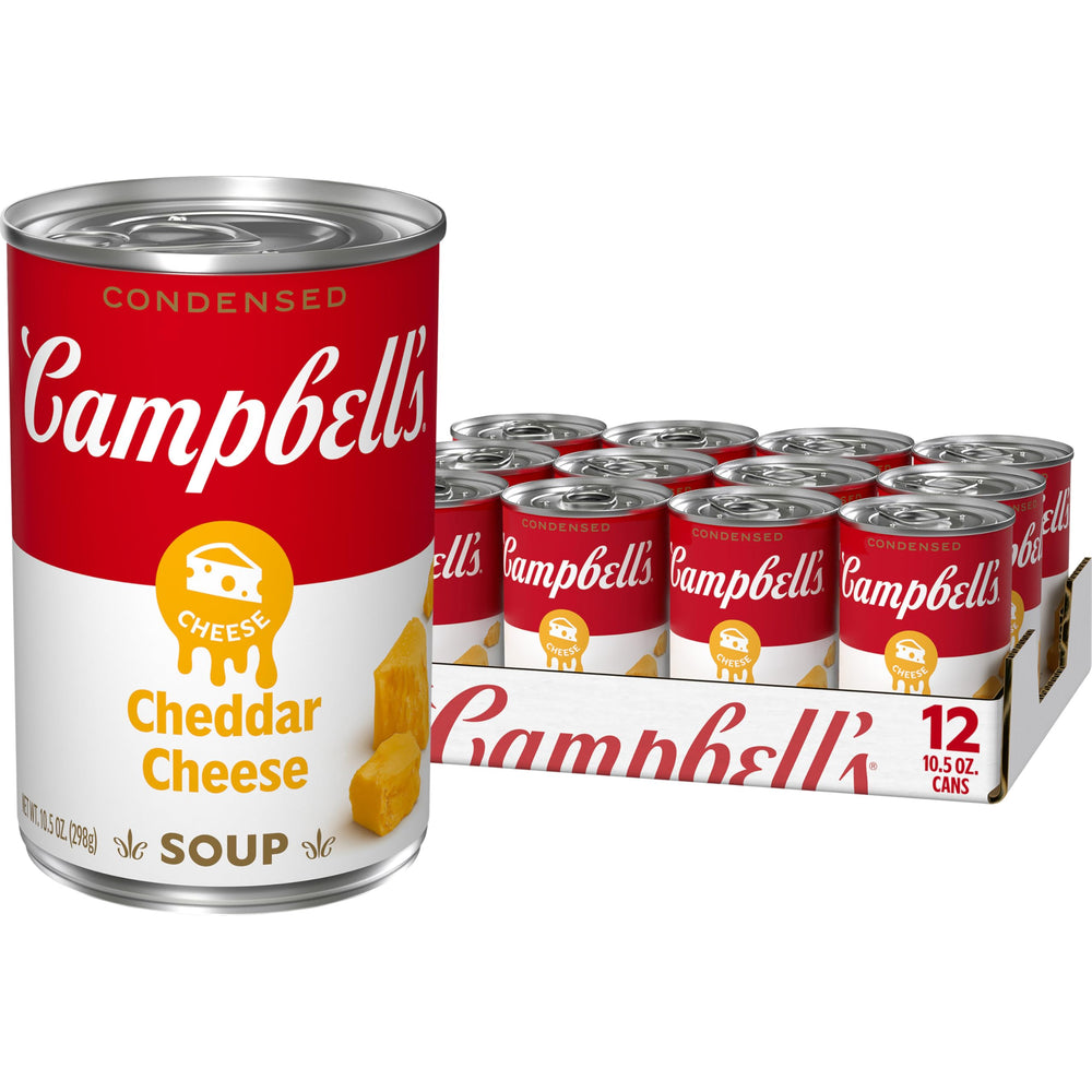 Campbell's Condensed Cheddar Cheese Soup can front view for quick cheesy dinners.