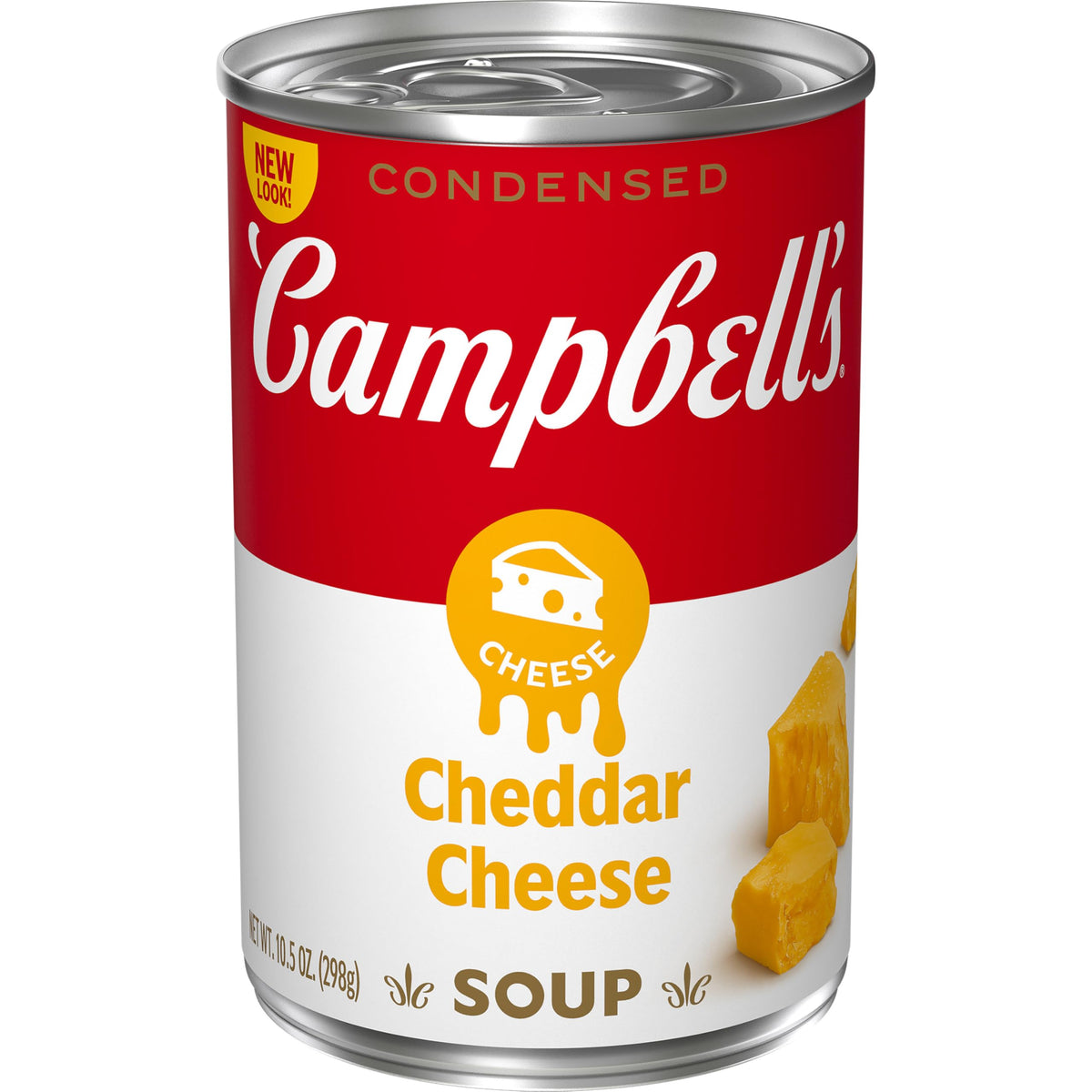 Campbell's Condensed Cheddar Cheese Soup can label showing vegetarian, creamy base.