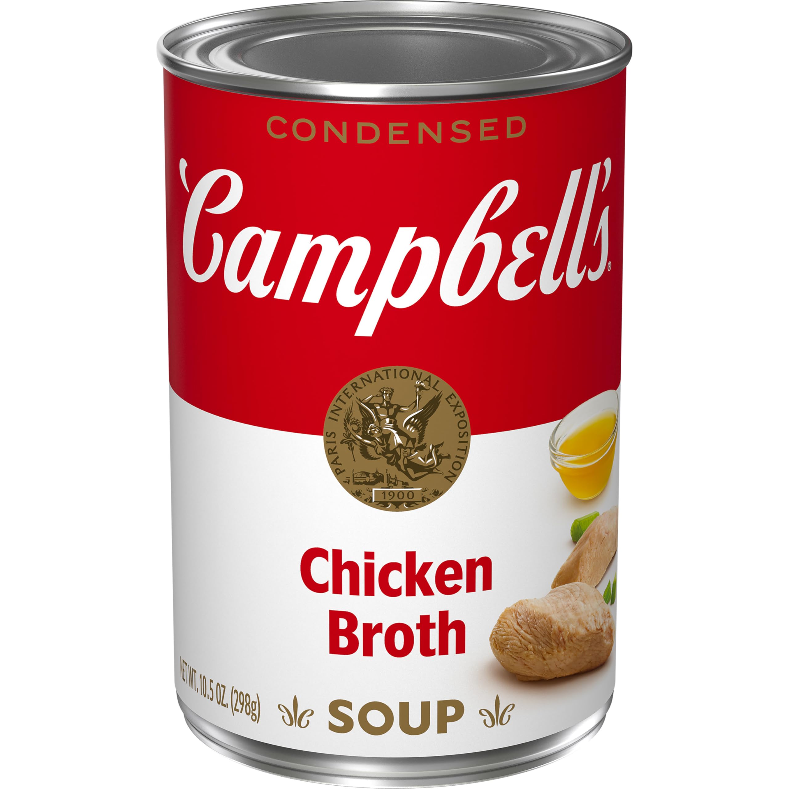 Campbell's Condensed Chicken Broth can front view, a rich base for soups