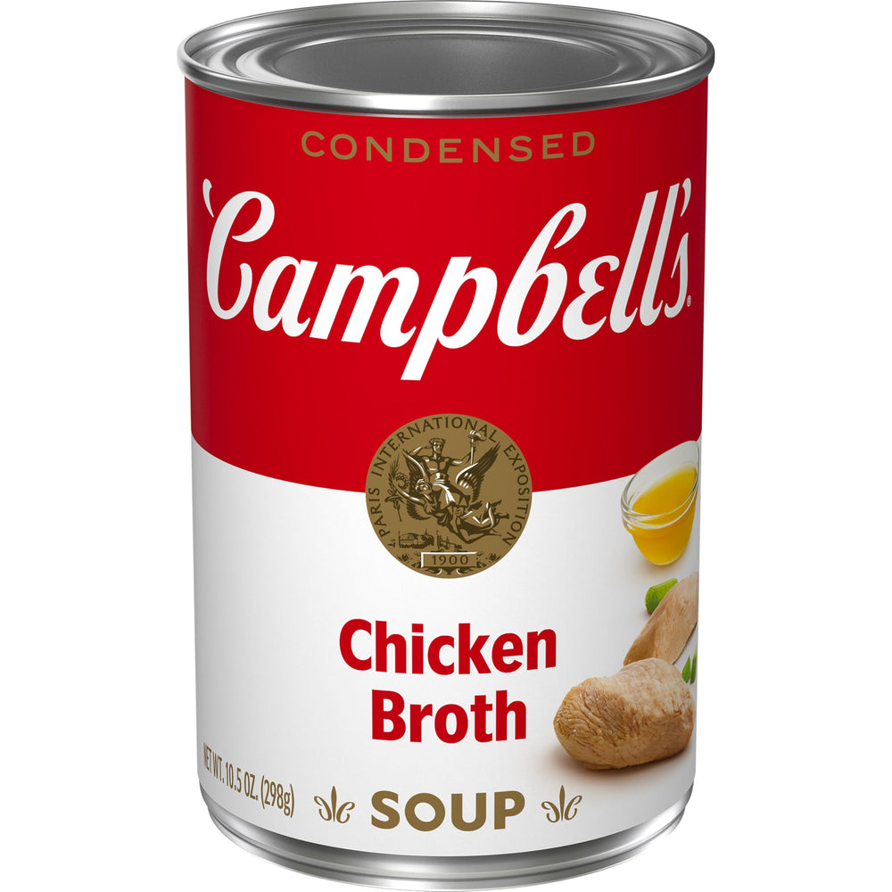 Campbell's Condensed Chicken Broth can front view, a rich base for soups