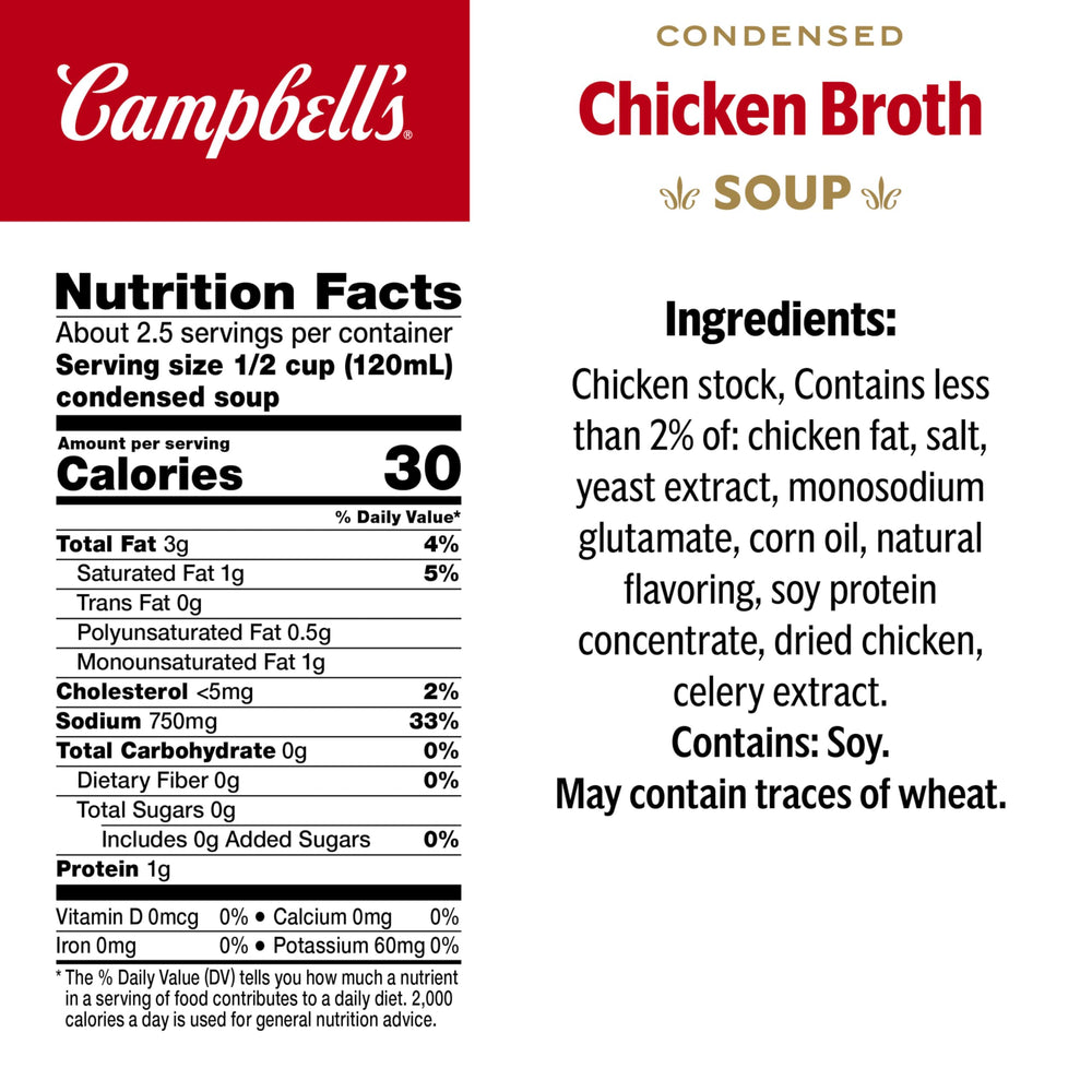 Campbell's Condensed Chicken Broth can side view highlighting versatility for gravies