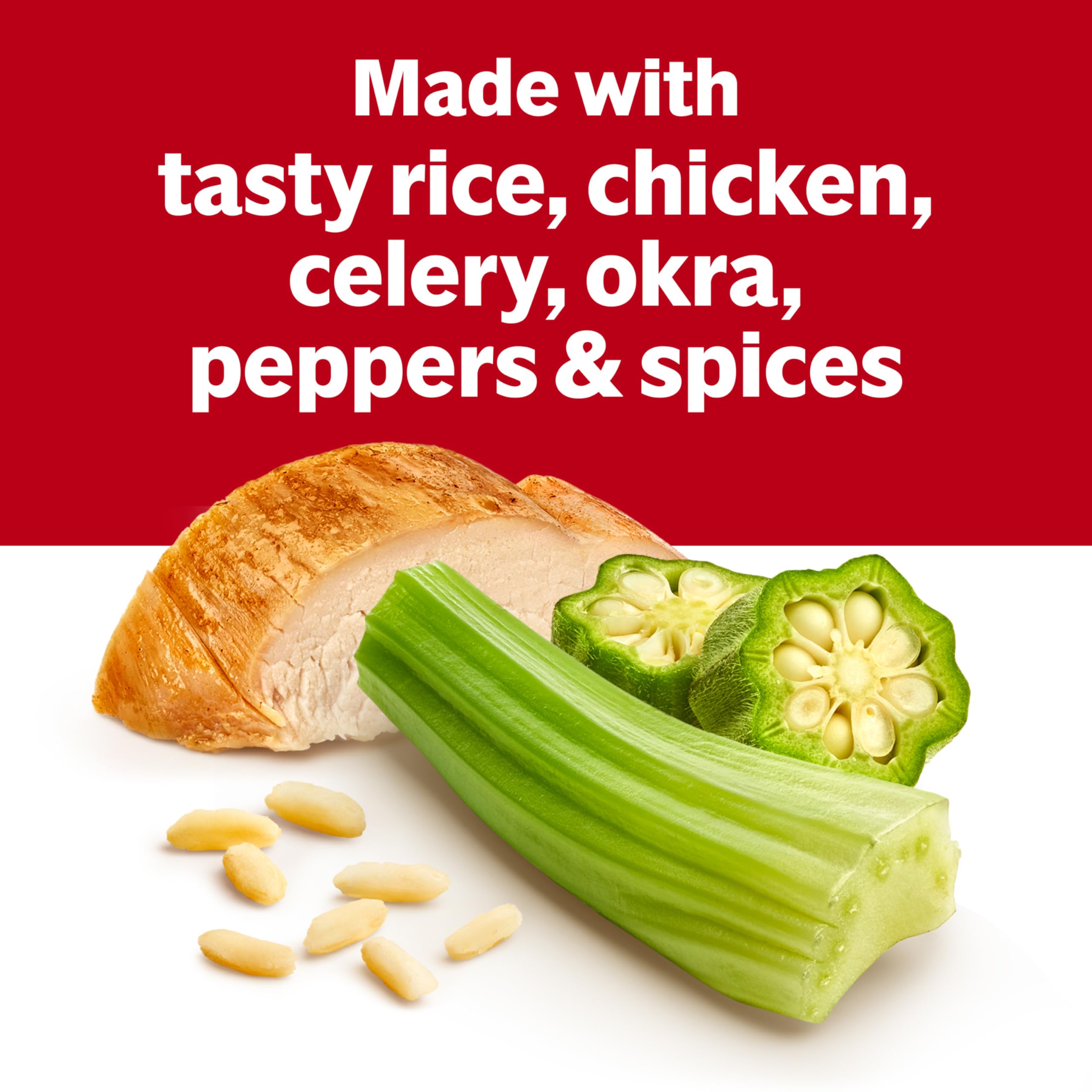Campbell's Gumbo ingredients—rice, chicken, okra, peppers, celery—for a flavorful base.