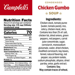 Campbell's Gumbo Soup being stirred with a spoon for a quick, comforting lunch.