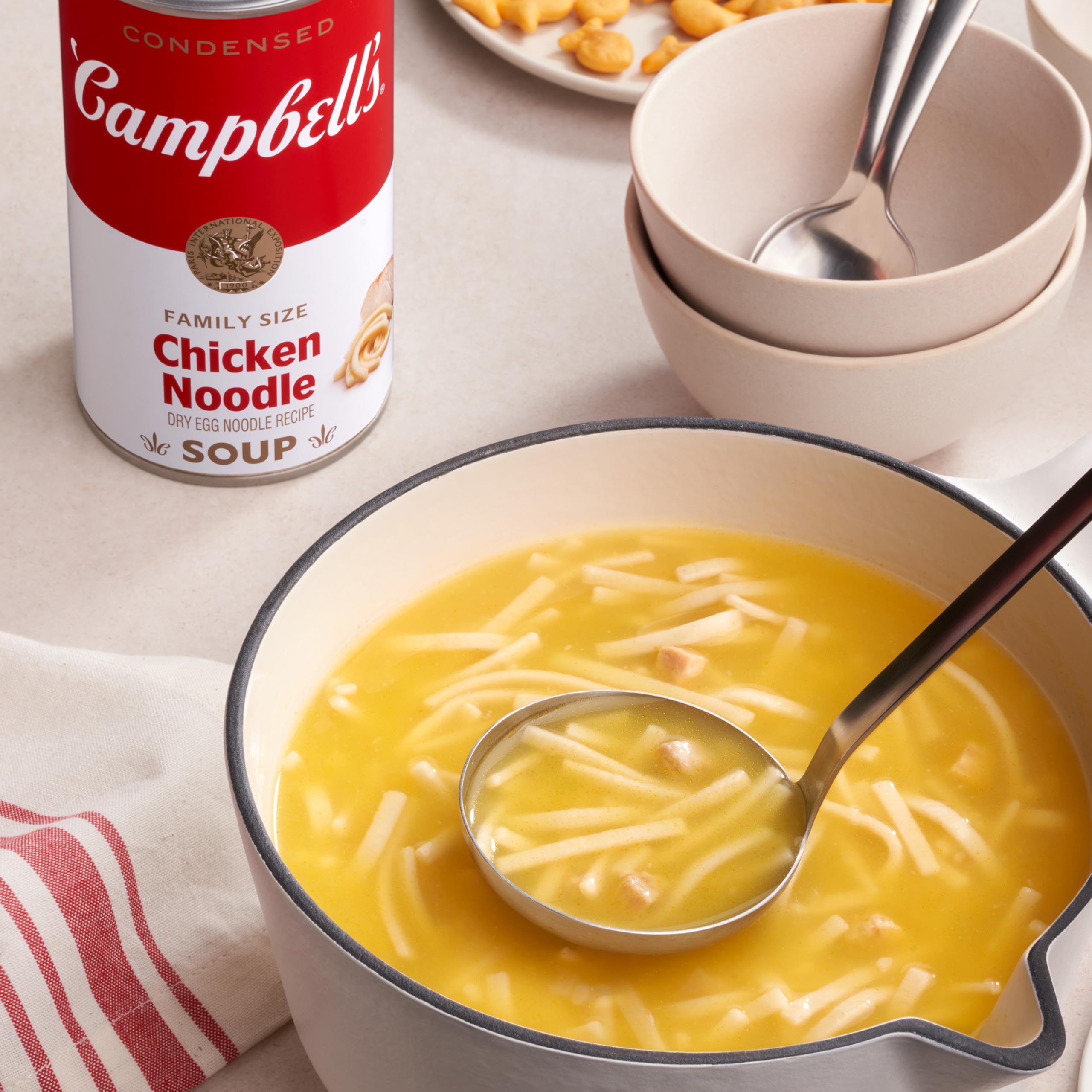 Campbell's chicken pieces and noodles in can, ready to simmer into comforting bowls.