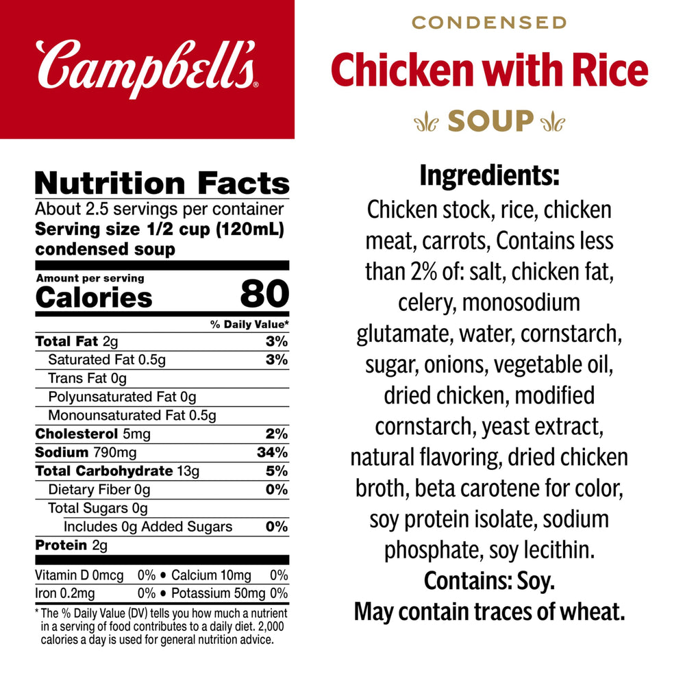 Campbell's Chicken with Rice Soup can back; ingredients and nutrition for informed choices.