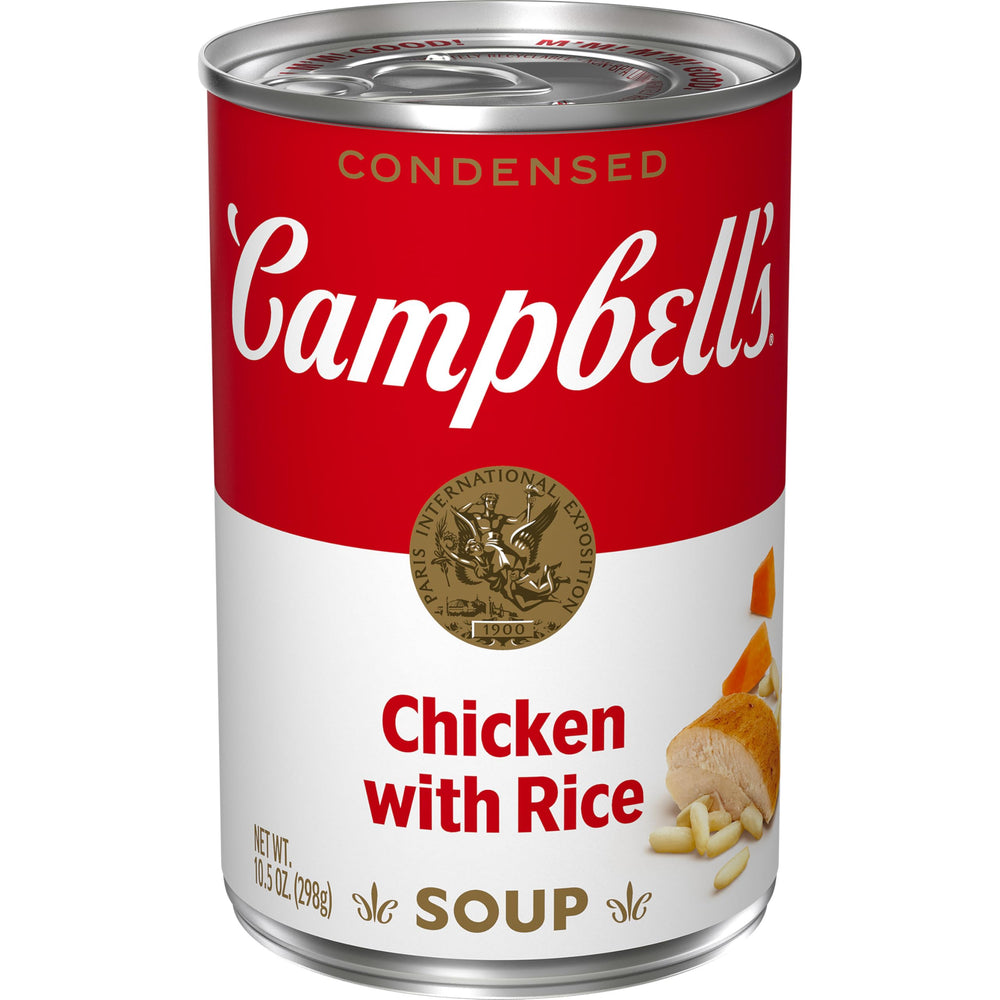 Campbell's Condensed Chicken with Rice Soup can front view; a comforting, quick meal option.