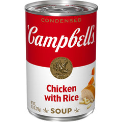 Campbell's Condensed Chicken with Rice Soup can front view; a comforting, quick meal option.