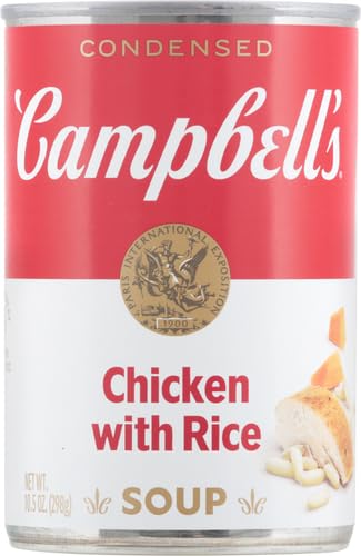 Campbell's Chicken with Rice Soup being poured; easy one-pot meal idea.
