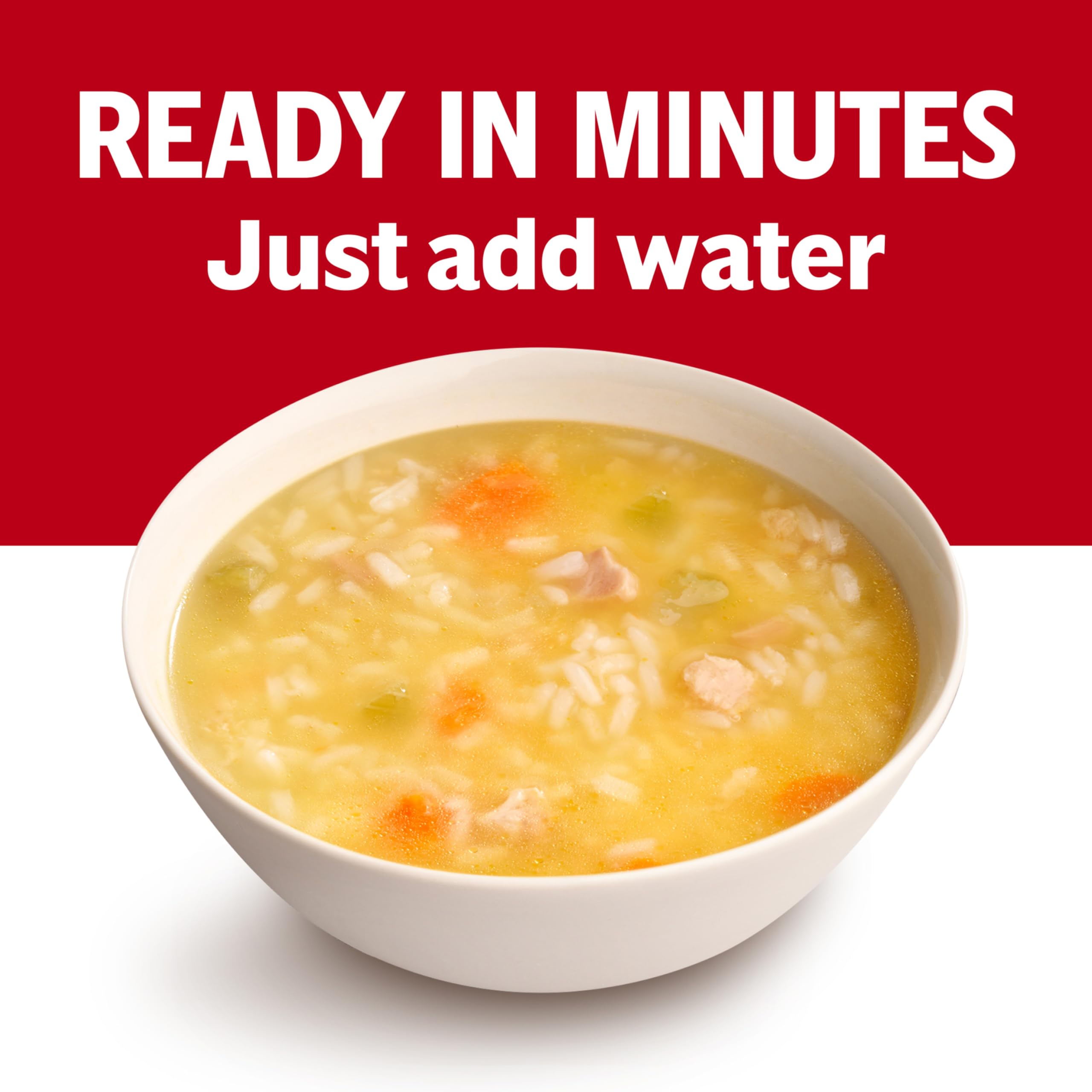 Campbell's label close-up; highlights broth, rice, and antibiotic-free chicken.
