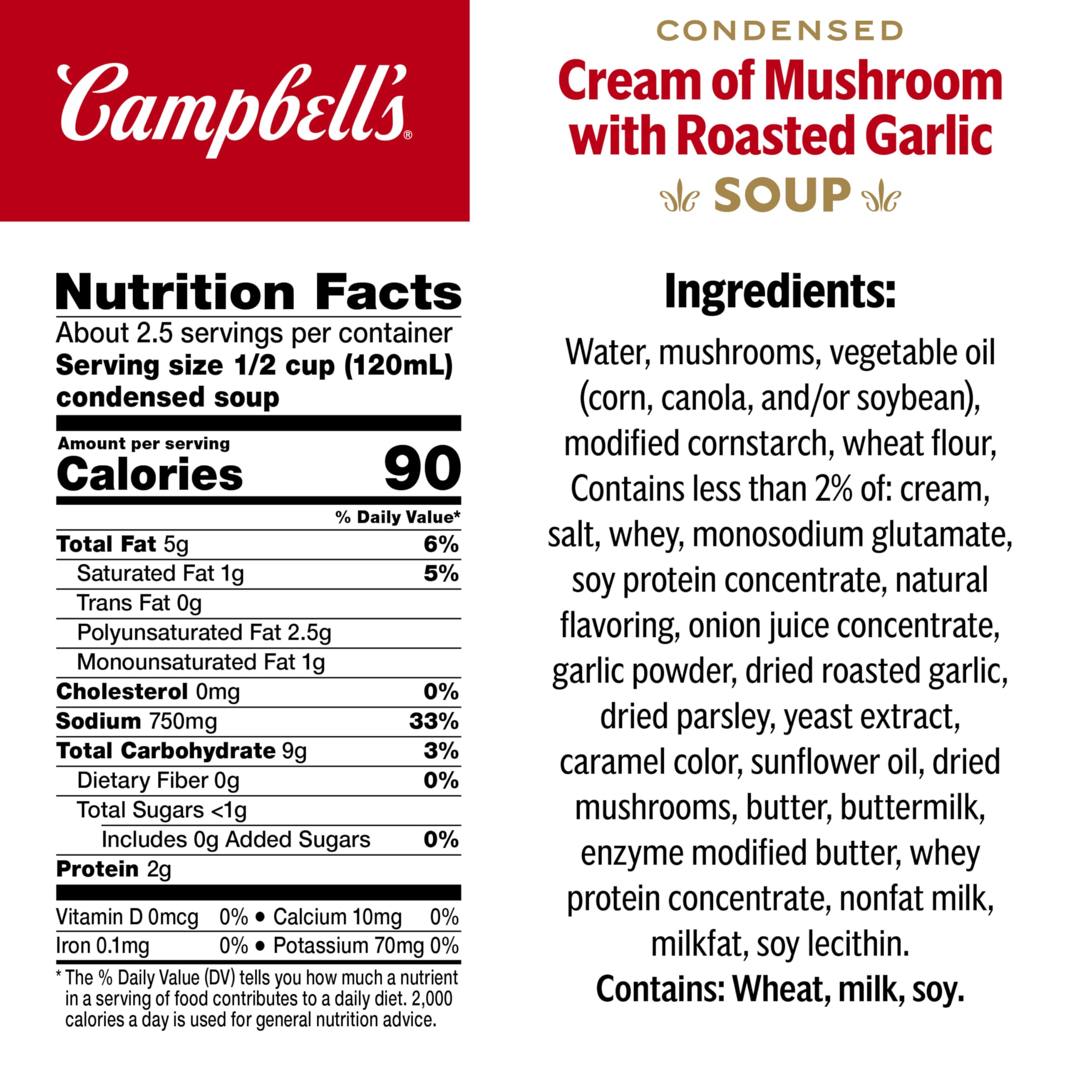 Campbell's Cream of Mushroom with Roasted Garlic ingredients visible, ideal base for creamy sauces.