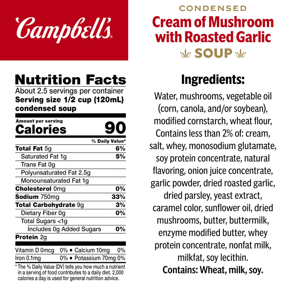 Campbell's Cream of Mushroom with Roasted Garlic ingredients visible, ideal base for creamy sauces.