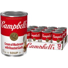 Campbell's Cream of Mushroom with Roasted Garlic can, rich ingredients for cozy weeknight meals.