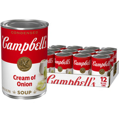 Campbell's Cream of Onion soup can, ready for pantry use.
