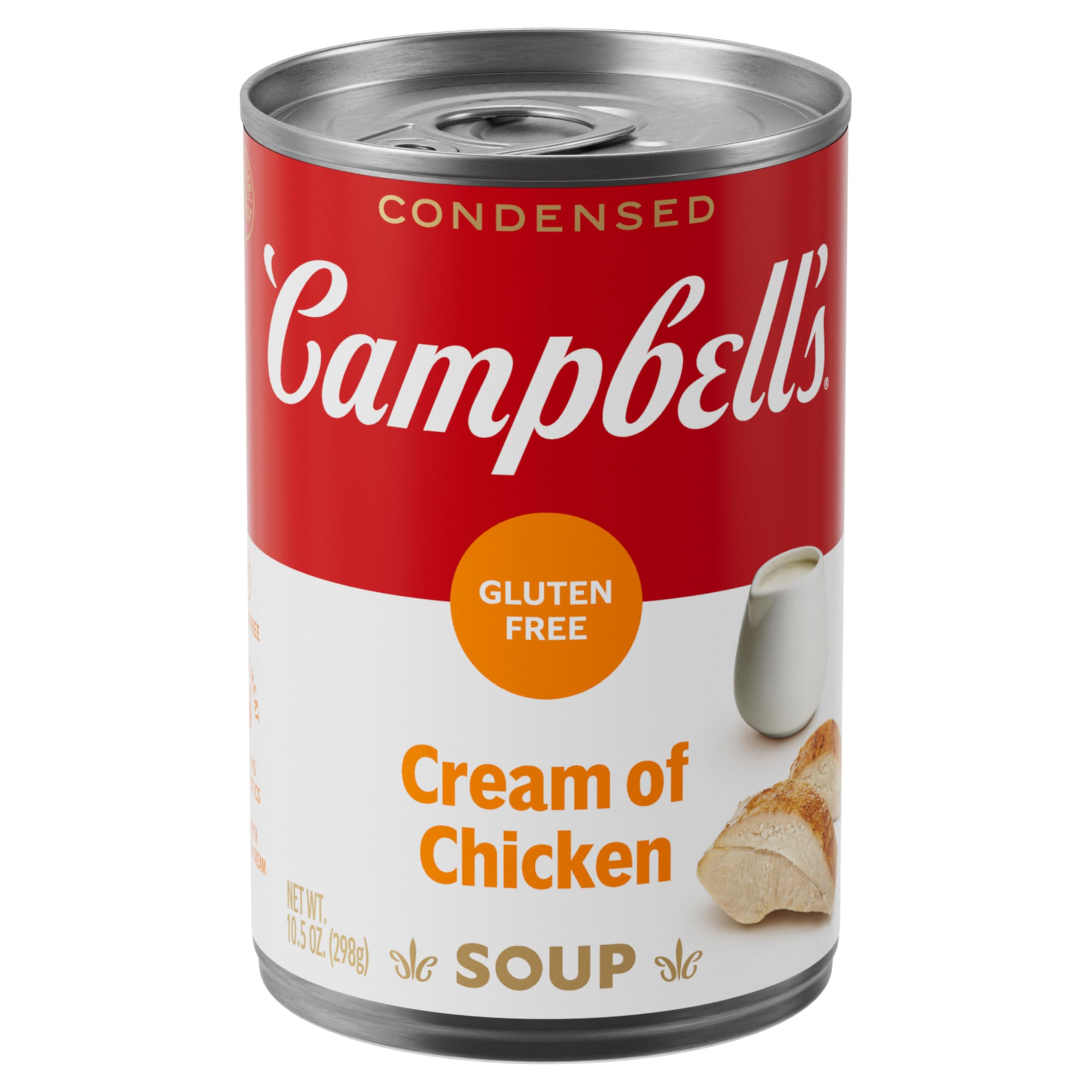 Campbell's gluten-free cream of chicken soup can front, ready for quick meals.