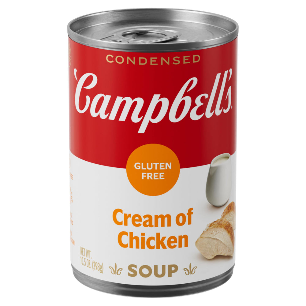 Campbell's gluten-free cream of chicken soup can front, ready for quick meals.