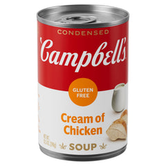 Campbell's gluten-free cream of chicken soup can front, ready for quick meals.