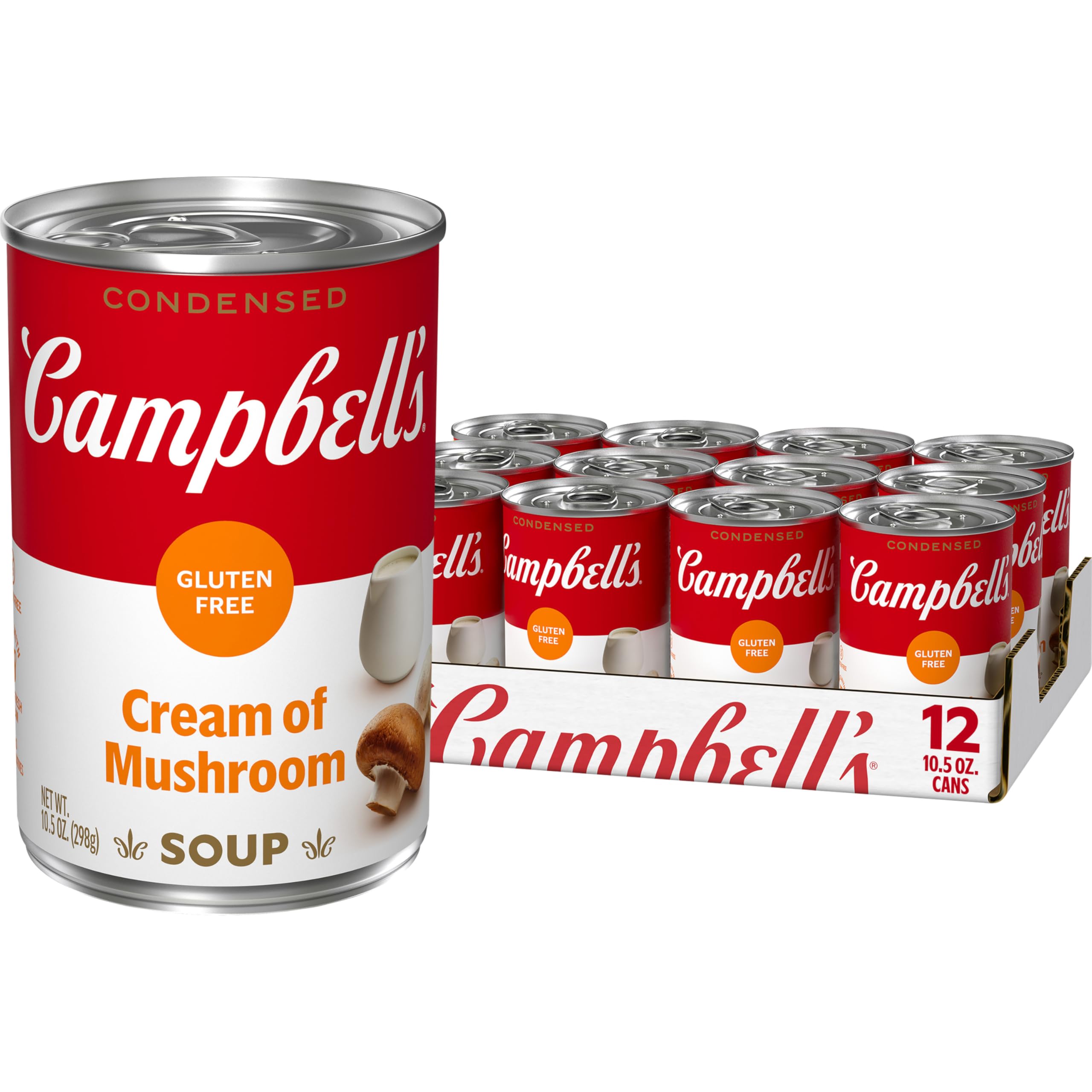 Campbell's Condensed Gluten Free Cream of Mushroom Soup can front showing gluten-free, vegetarian staple