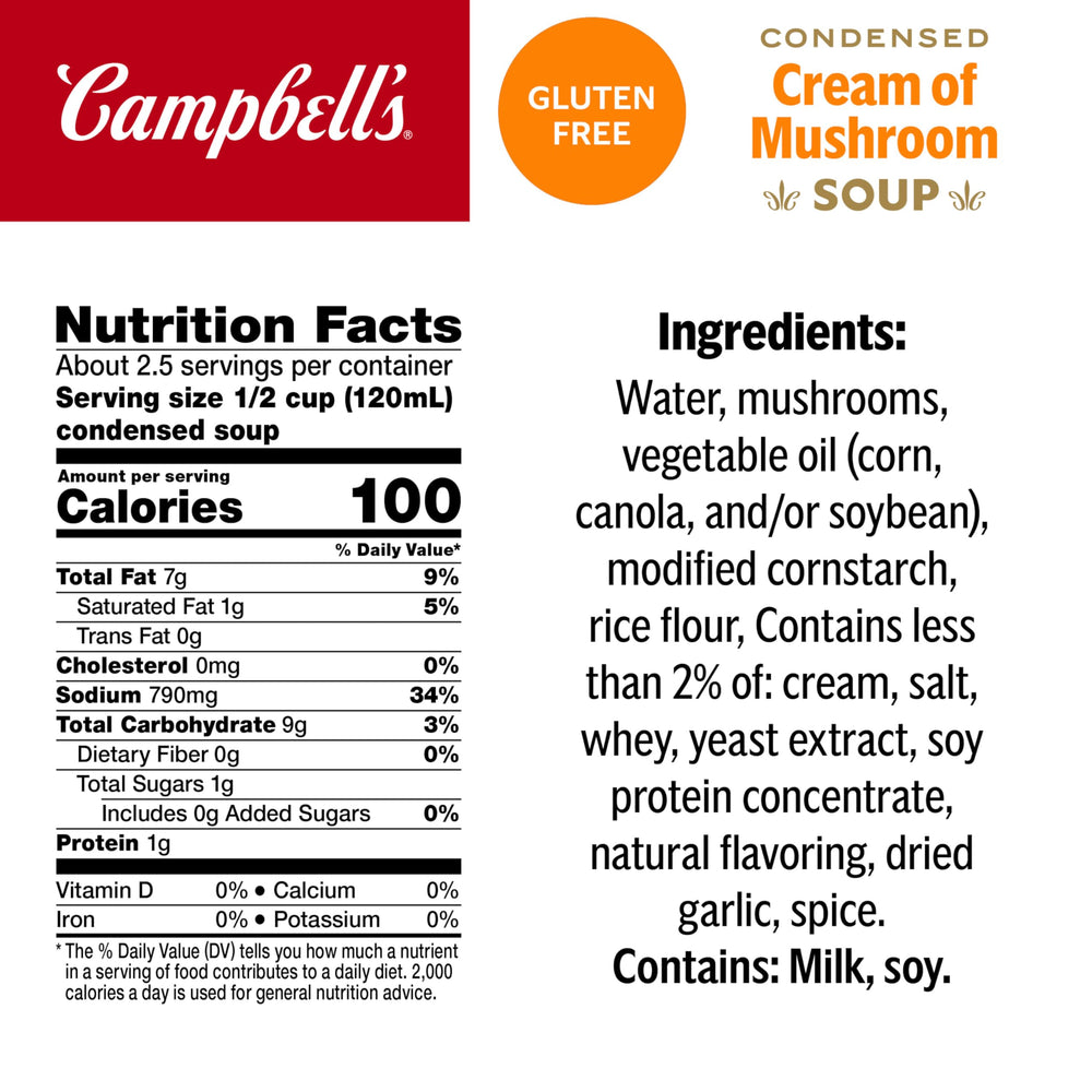 Campbell's soup ingredients close-up shows mushrooms and cream for rich texture