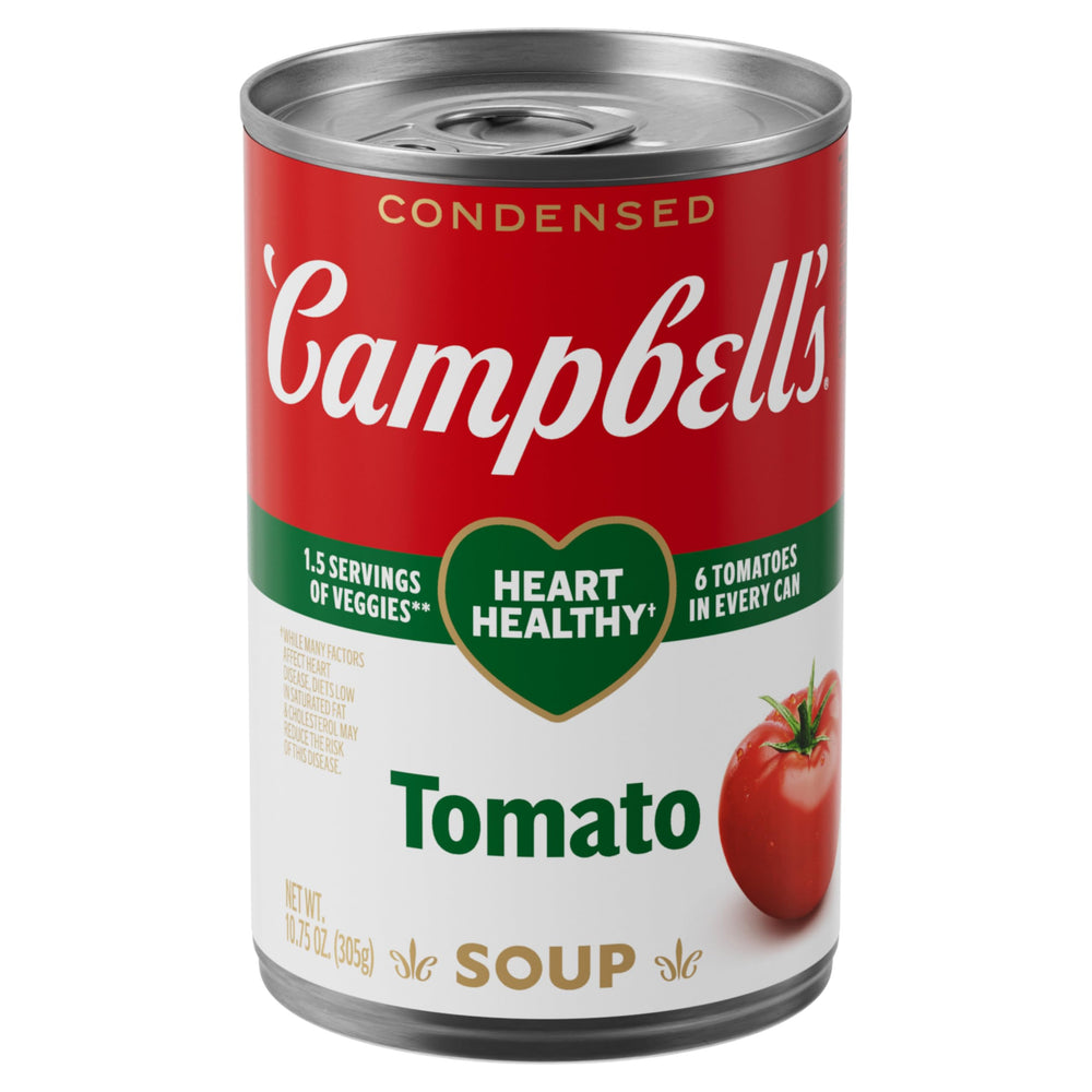 Campbell's condensed Healthy Request tomato soup can on pantry shelf for warmth