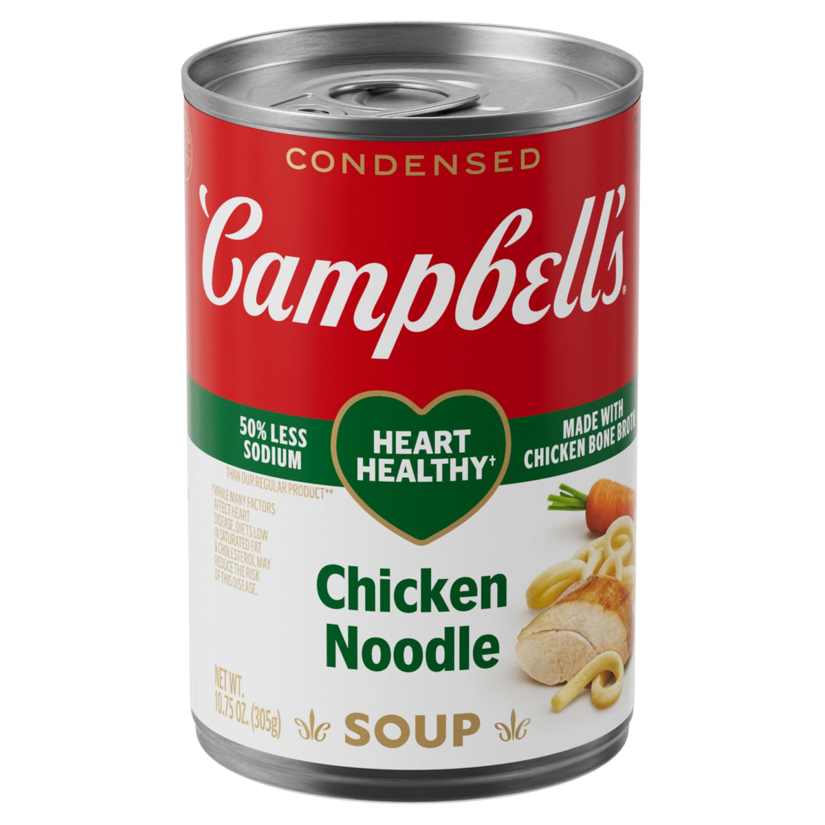 Campbell's Condensed Heart Healthy Chicken Noodle Soup can label highlighting 50% less sodium.