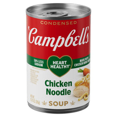 Campbell's Condensed Heart Healthy Chicken Noodle Soup can label highlighting 50% less sodium.