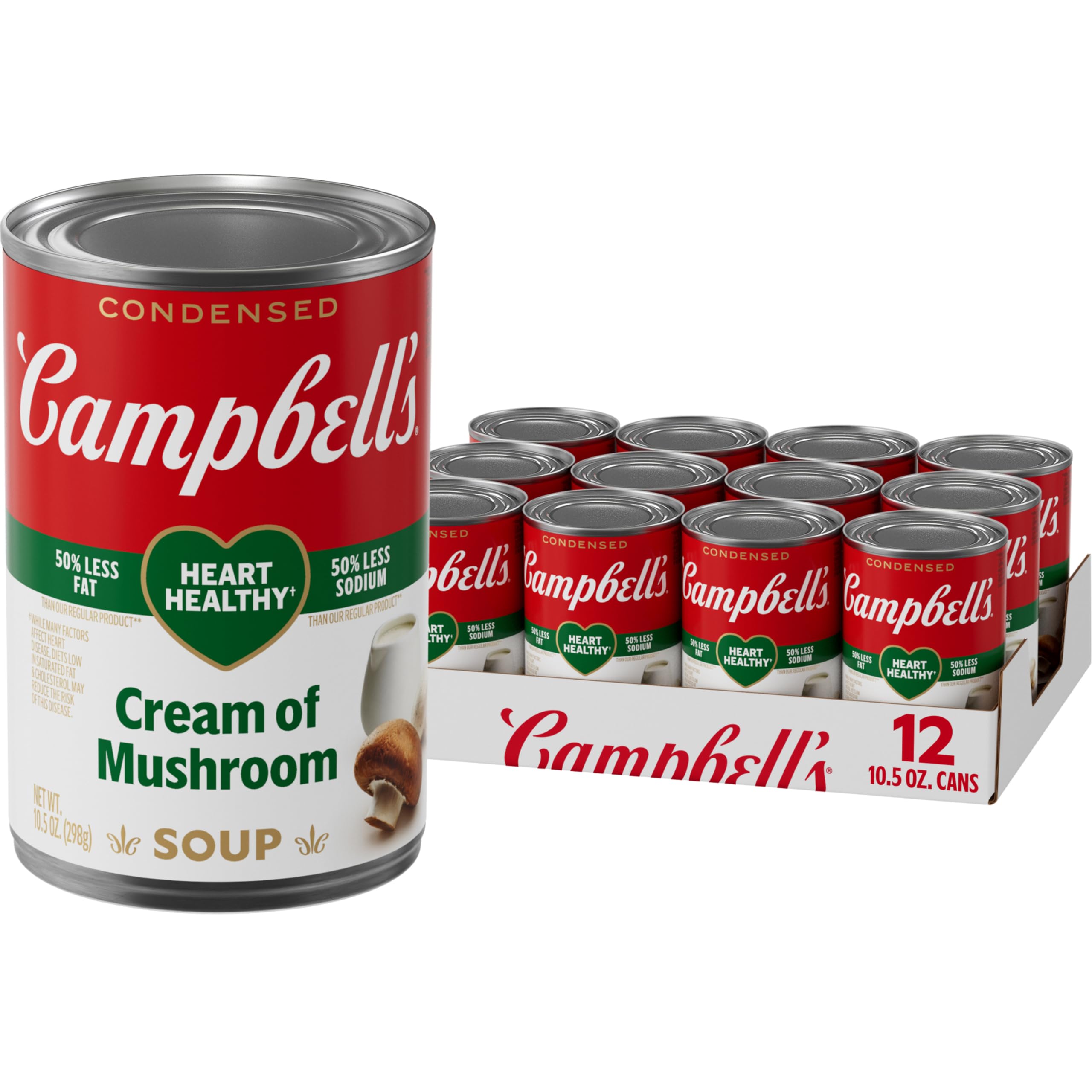 Campbell's Heart Healthy Cream of Mushroom Soup can front, easy pantry staple