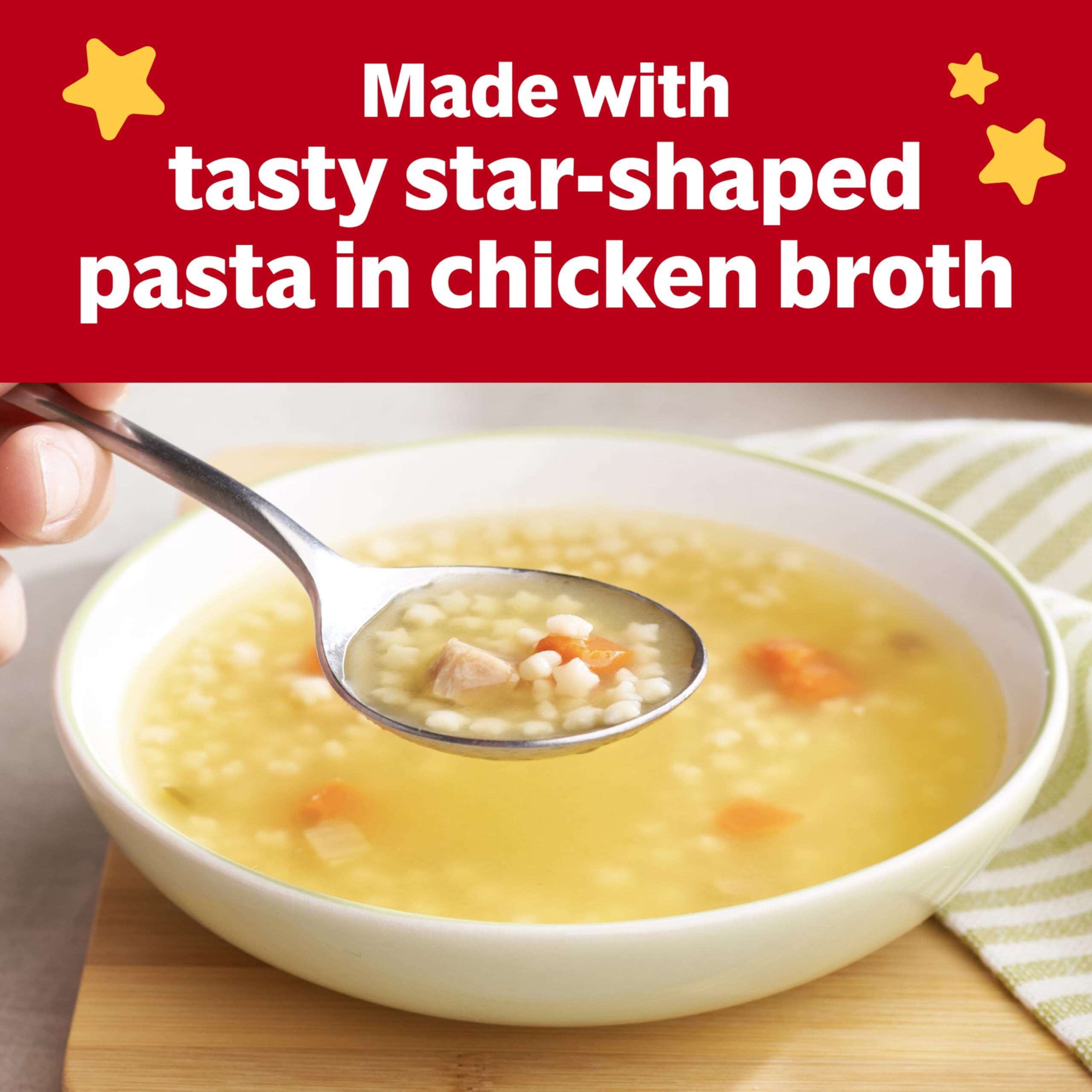 Close-up of star-shaped pasta in Campbell's Kids Chicken and Stars soup