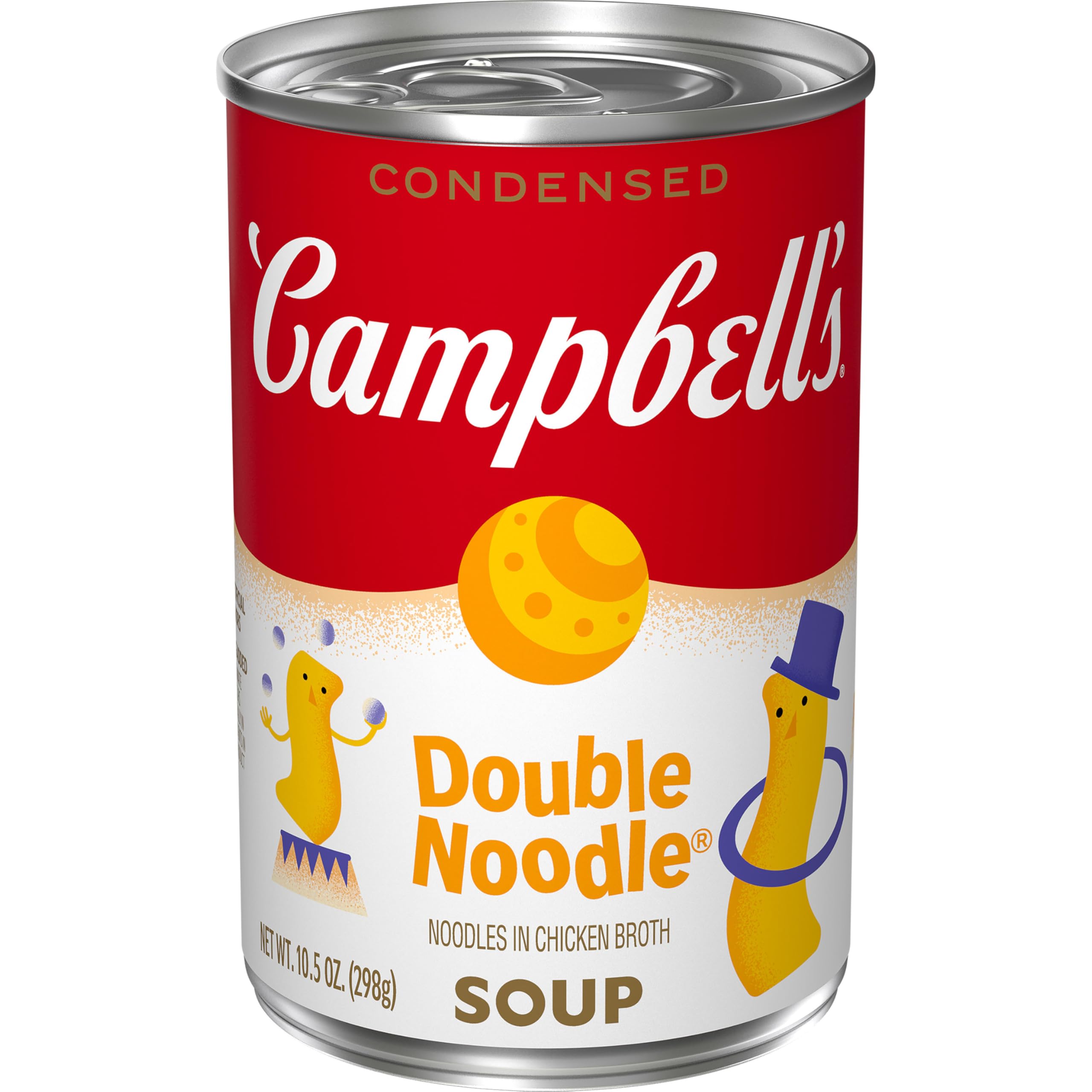 Campbell's condensed kids double noodle soup can on shelf for quick family meals.