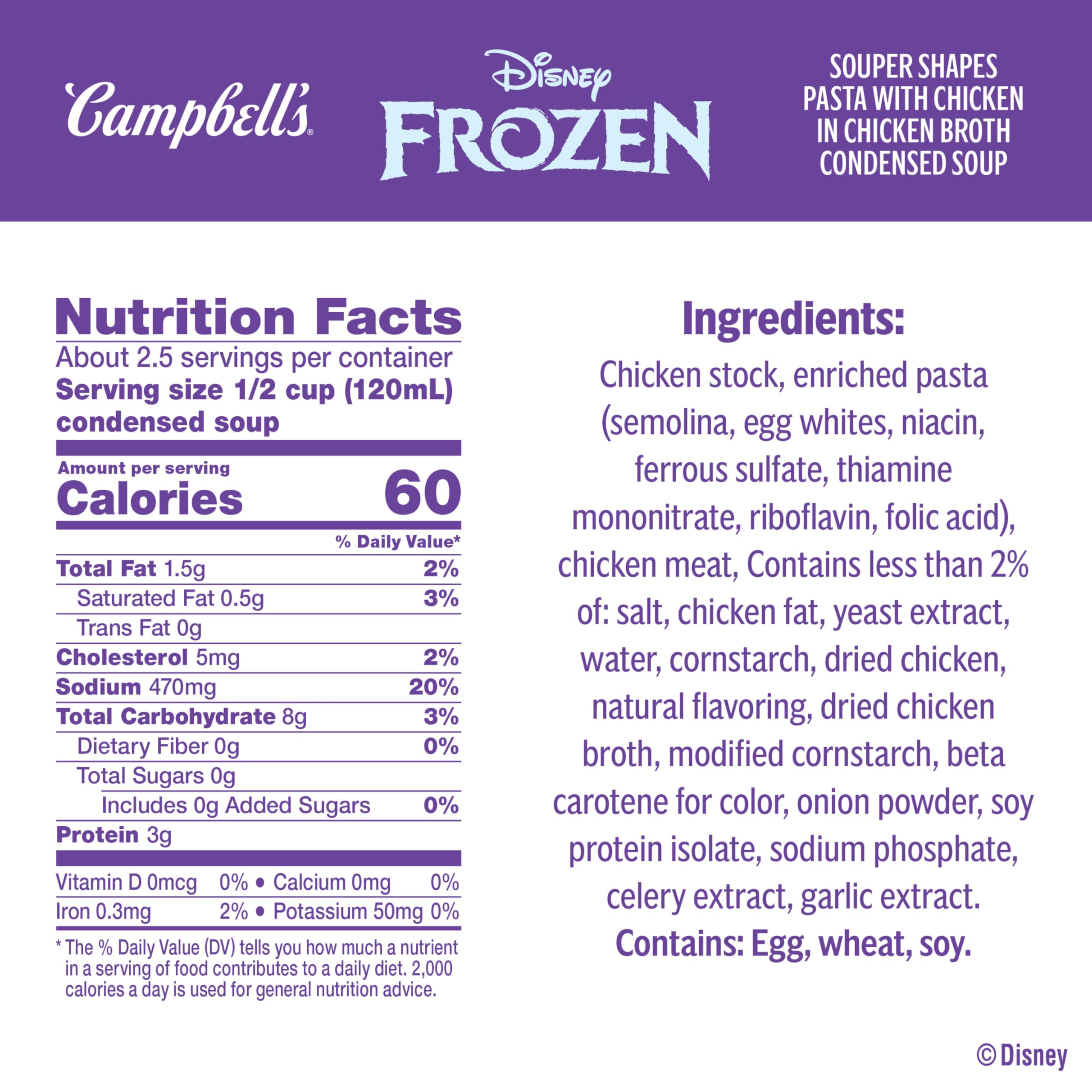 Campbell's Souper Shapes pasta in chicken broth, kid-friendly Disney characters for mealtime.