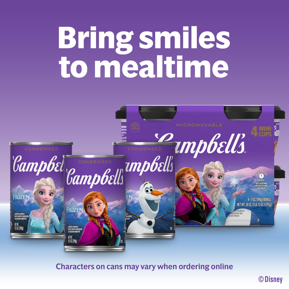 Campbell's Disney Frozen Souper Shapes can, non-BPA lining for safe heating.