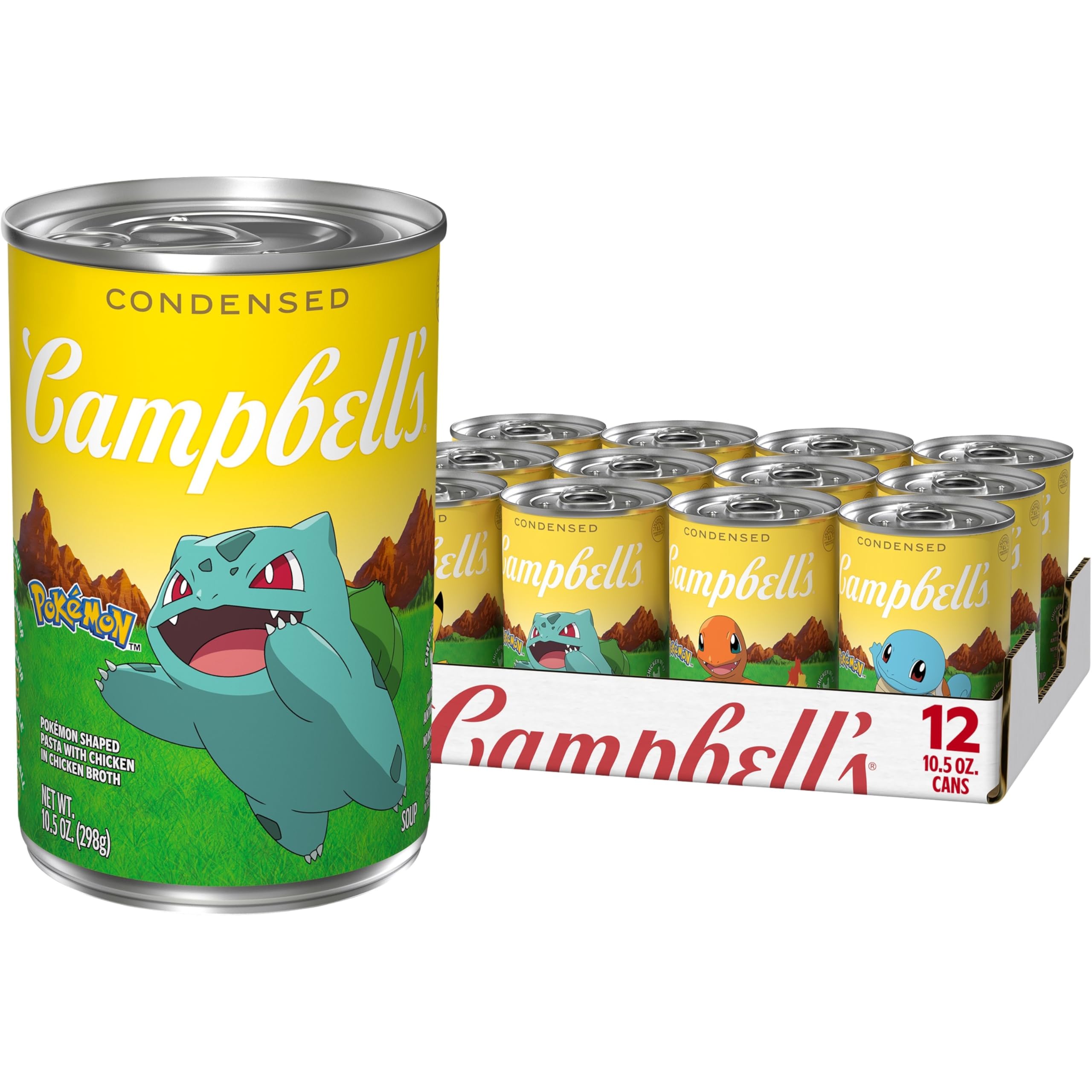 Campbell's condensed kids soup with Pokemon pasta in chicken broth, ready in minutes