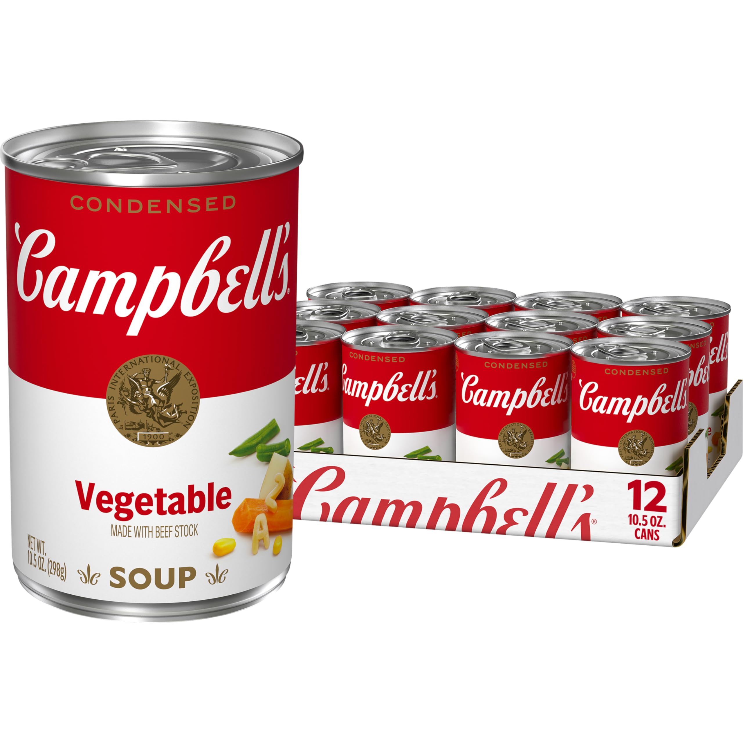 Campbell's condensed vegetable soup can with beef stock for quick warmth.