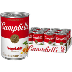 Campbell's condensed vegetable soup can with beef stock for quick warmth.