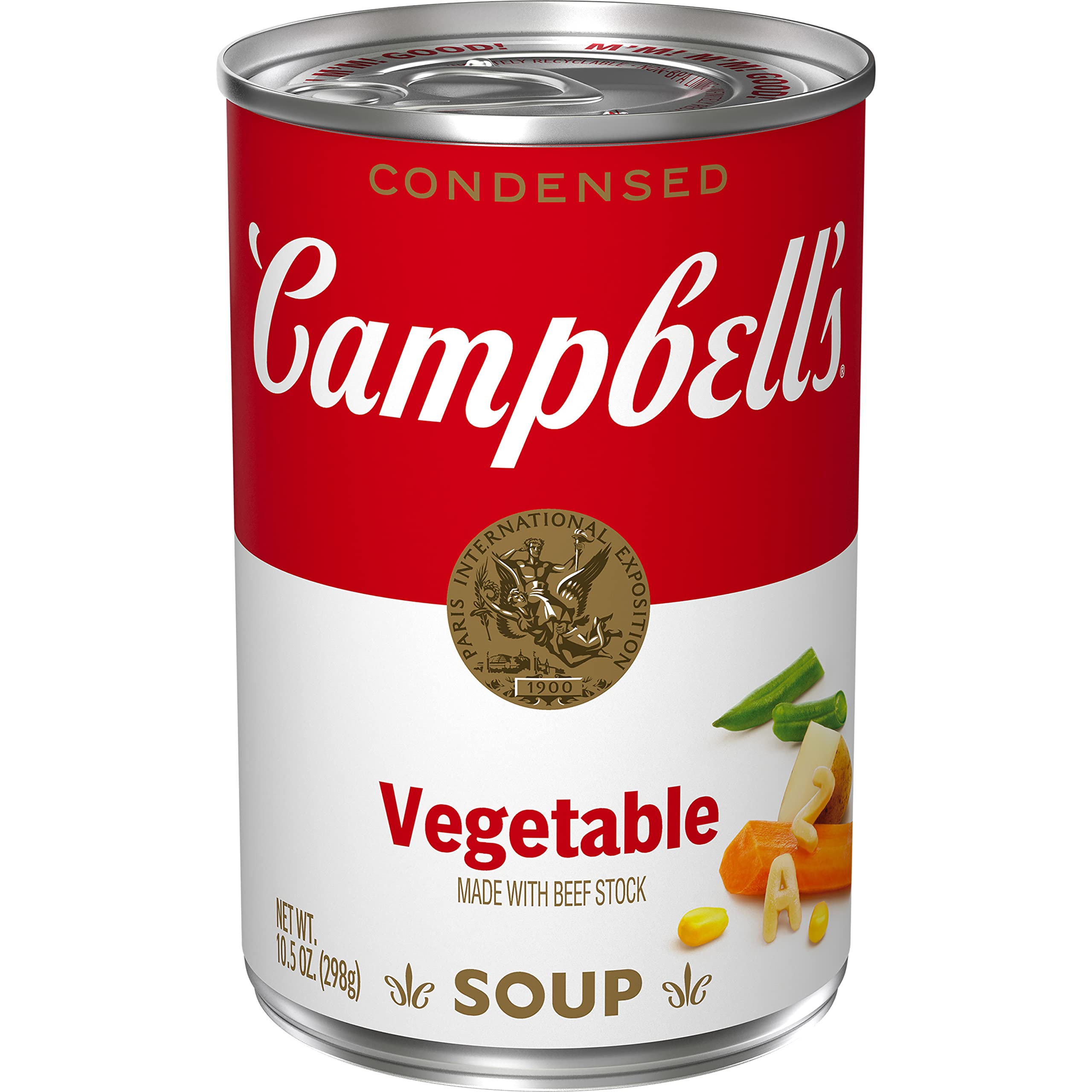 Campbell's Condensed Vegetable Soup with Beef Stock in a steaming bowl.