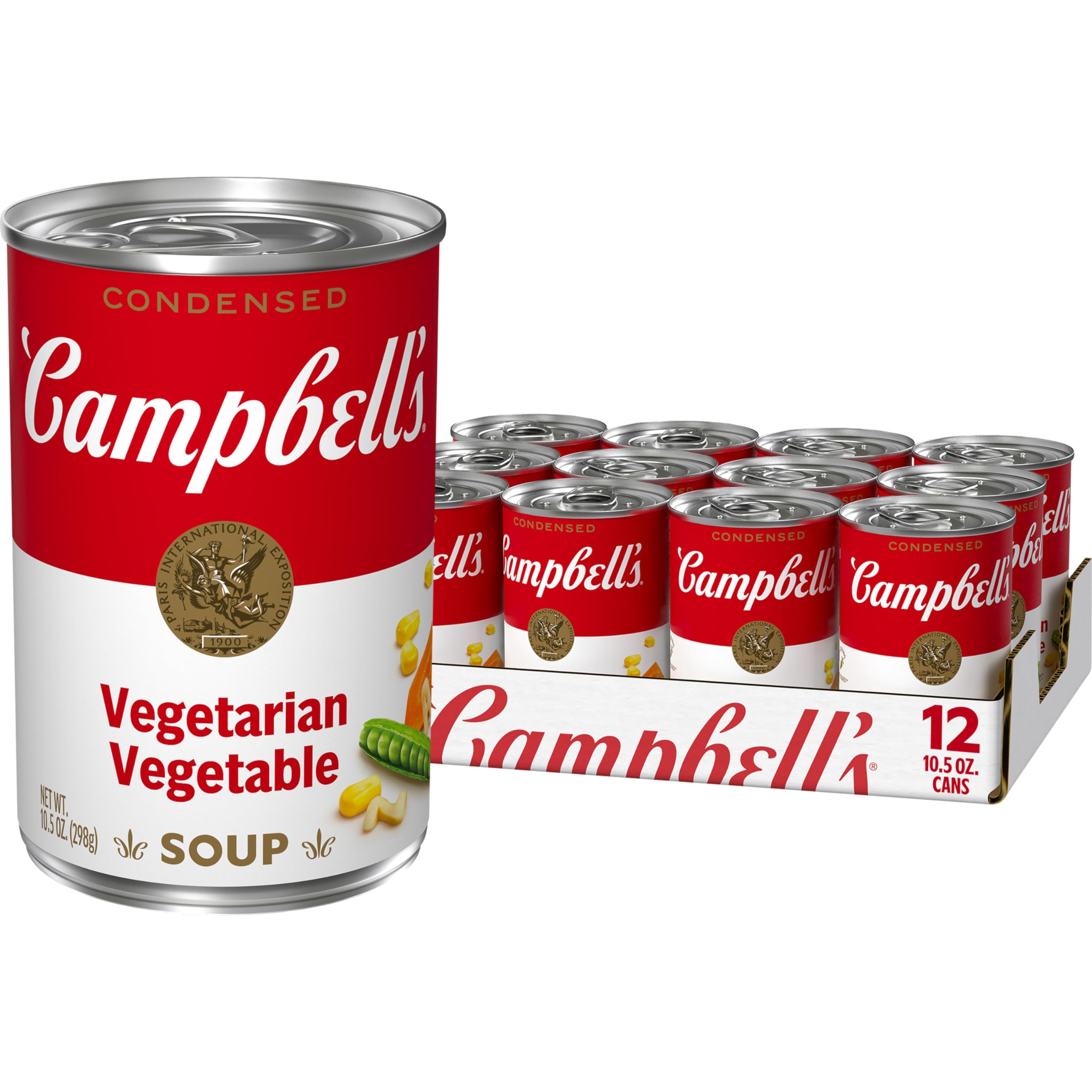 Campbell's Condensed Vegetarian Vegetable Soup can front, ready for quick pantry meals.