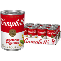 Campbell's Condensed Vegetarian Vegetable Soup can front, ready for quick pantry meals.