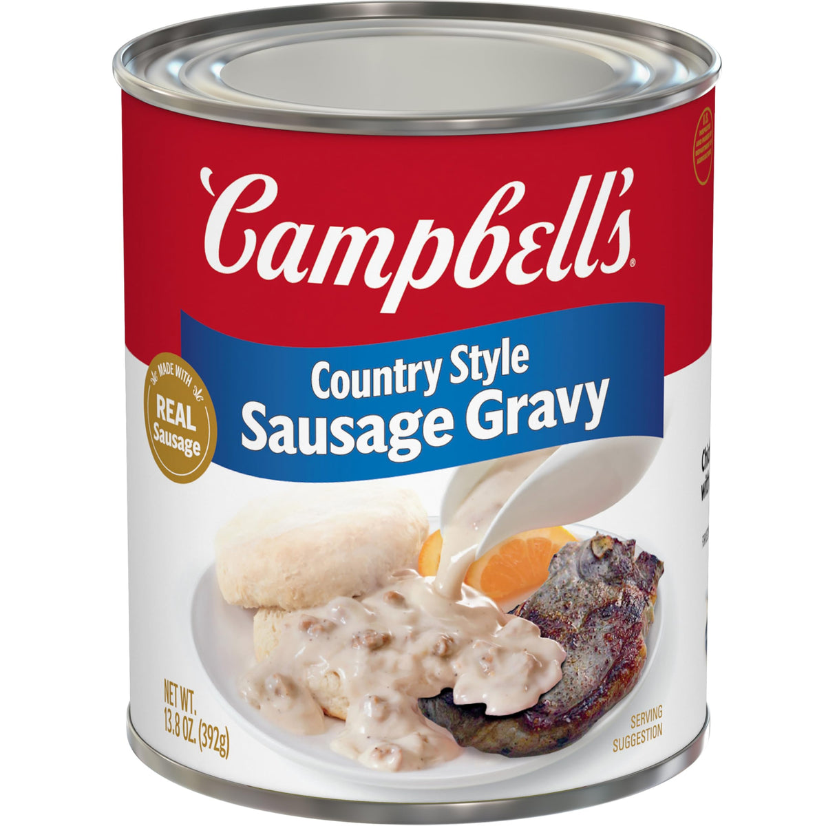Campbell's Country Style Sausage Gravy can with real sausage bites for quick family meals.