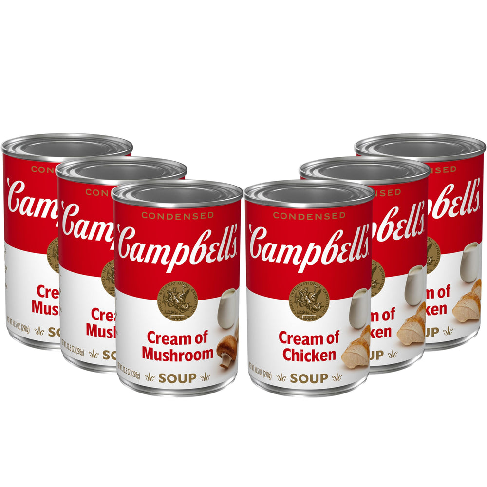 Campbell's Cream of Chicken Soup can close-up showing hearty chicken flavor for pot pies