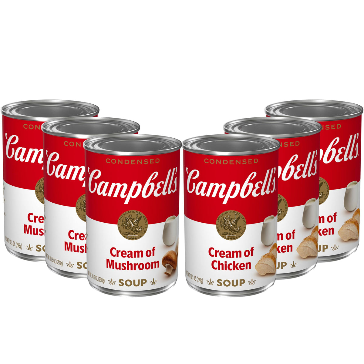 Campbell's Cream of Chicken Soup can close-up showing hearty chicken flavor for pot pies