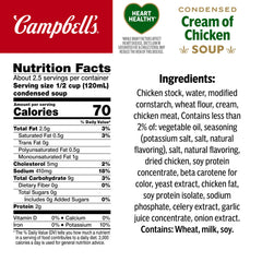 Campbell's Cream of Chicken Soup ingredients show tender chicken and stock.