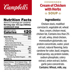 Campbell's Cream of Chicken Soup With Herbs cans stacked for pantry storage and quick access.