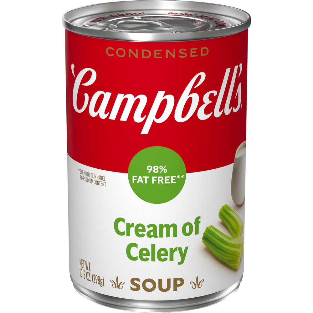 Campbell's Cream of Celery soup can front view, quick meal option