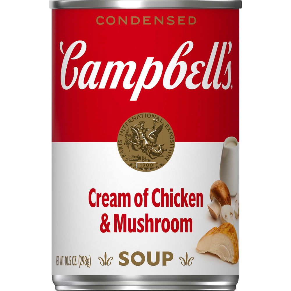 Campbell's Cream of Chicken and Mushroom Soup can illustrating a convenient pantry staple