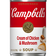 Campbell's Cream of Chicken and Mushroom Soup can illustrating a convenient pantry staple