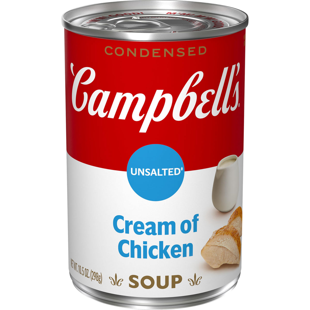 Campbell's Cream of Chicken Soup can shows the label, a versatile base for quick meals.