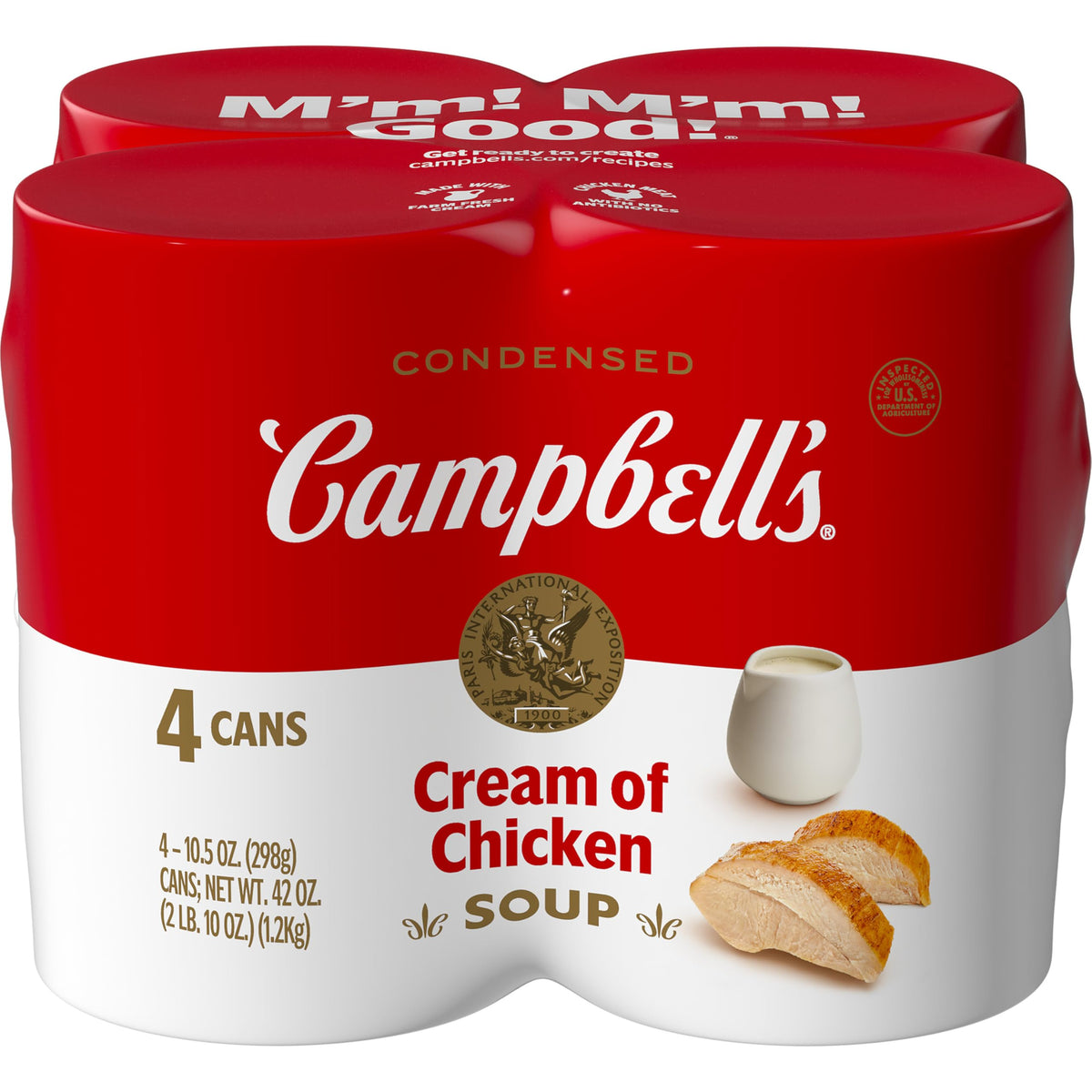 Campbell's Cream of Chicken Soup four-pack cans on a shelf, a convenient pantry staple.